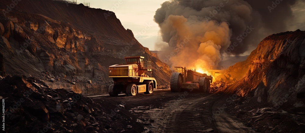 Poster Coal mining uses mining machinery to extract coal from the ground for industrial use in thermal power plants copy space image