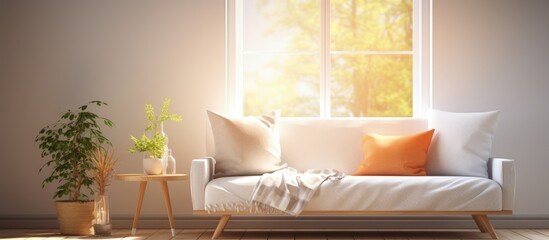 Bright sunlit room with comfy furniture and pillows by the window copy space image