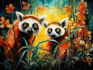 Lemurs in Rainforest - obrazy, fototapety, plakaty