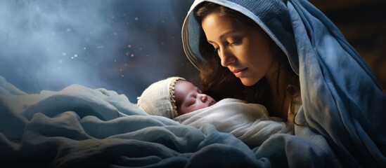 8 day old baby boy s mother reenacts Christmas nativity with herself as Virgin Mary and baby Jesus copy space image - obrazy, fototapety, plakaty