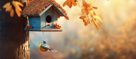 Autumn tree birdhouse a habitat for wild birds copy space image