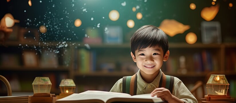 Asian student studying in elementary school copy space image