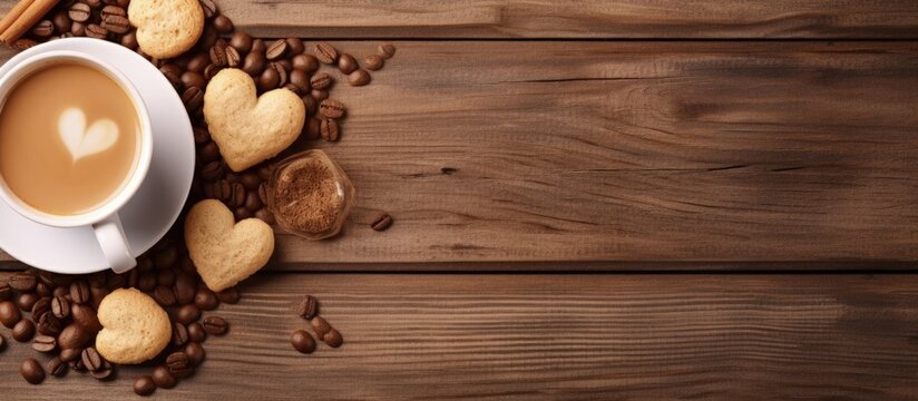 Coffee with heart shaped cookies on a beige table space for text copy space image