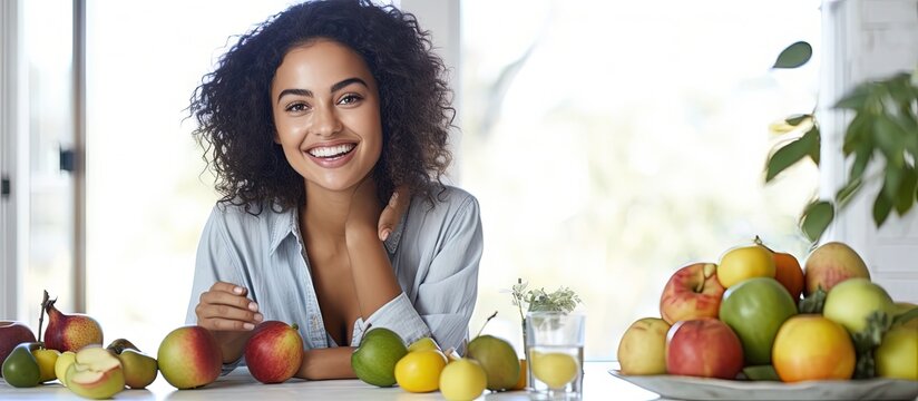 Attractive Latino woman enjoying healthy food at home focusing on wellness and weight loss copy space image