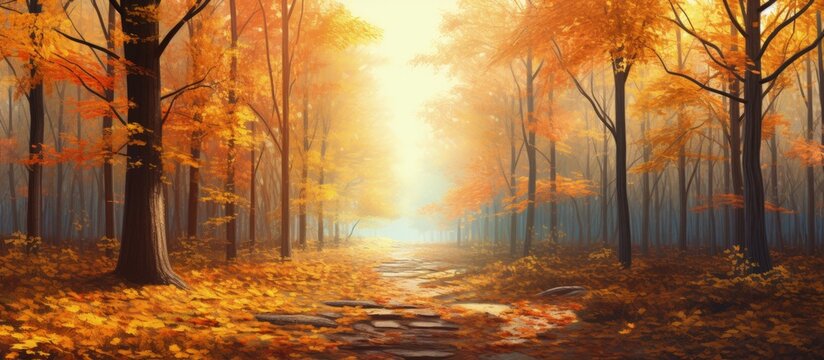 Colorful autumn forest with sunny background copy space image