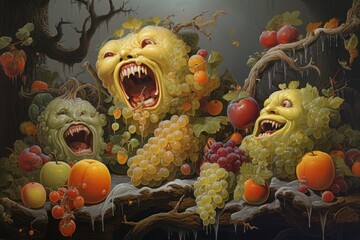 an expressive grotesque composition with vampiric fruits and other objects presented as a still life from a parallel reality - obrazy, fototapety, plakaty
