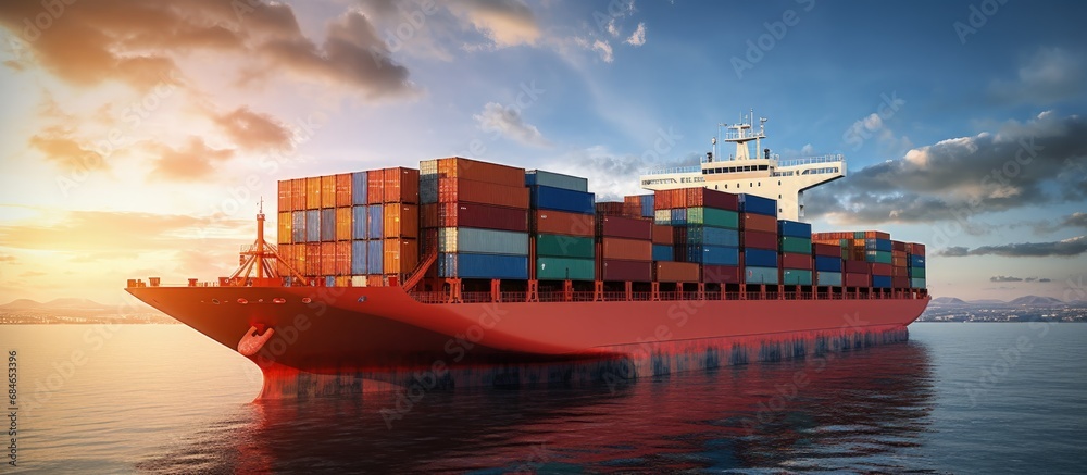 Poster container ship transporting global cargo worldwide viewed from the air copy space image