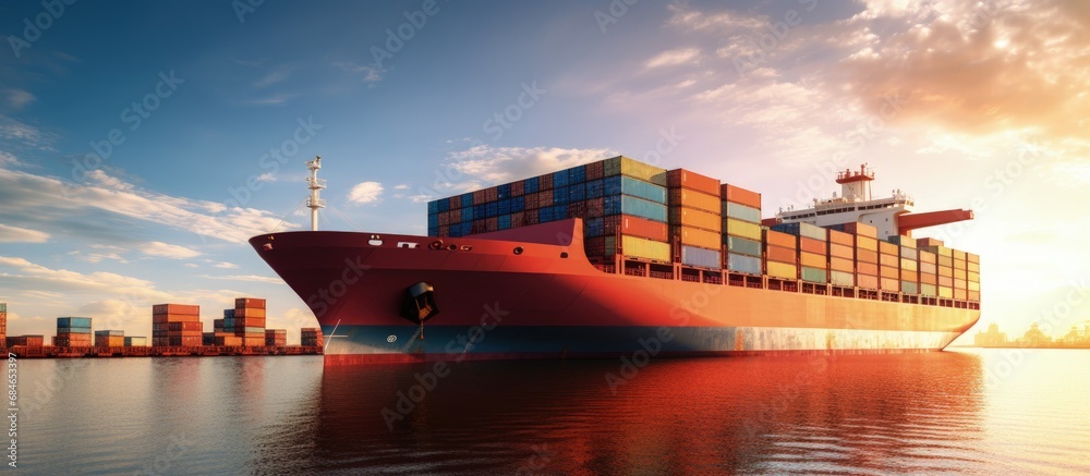 Poster cargo being loaded on a ship in sunny weather copy space image