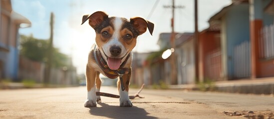 A small dog tongue out walked on a leash in a small town s streets for veterinary and pet care copy...