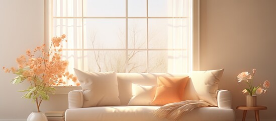 Bright sunlit room with comfy furniture and pillows by the window copy space image