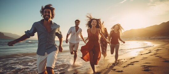 Attractive young friends running and smiling on beach having fun copy space image - obrazy, fototapety, plakaty