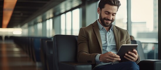 Businessman uses tablet in airport lounge for work and browsing copy space image - obrazy, fototapety, plakaty