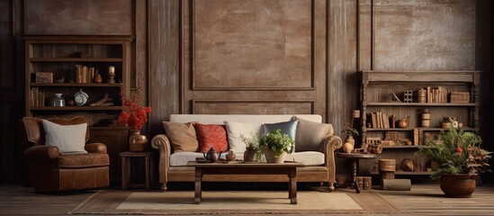 Classic rustic living room featured in an interior design series copy space image