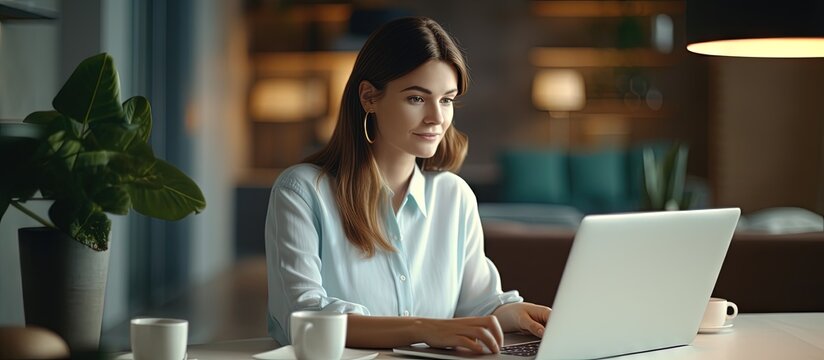 Attractive entrepreneur woman working on laptop at home sipping coffee copy space image