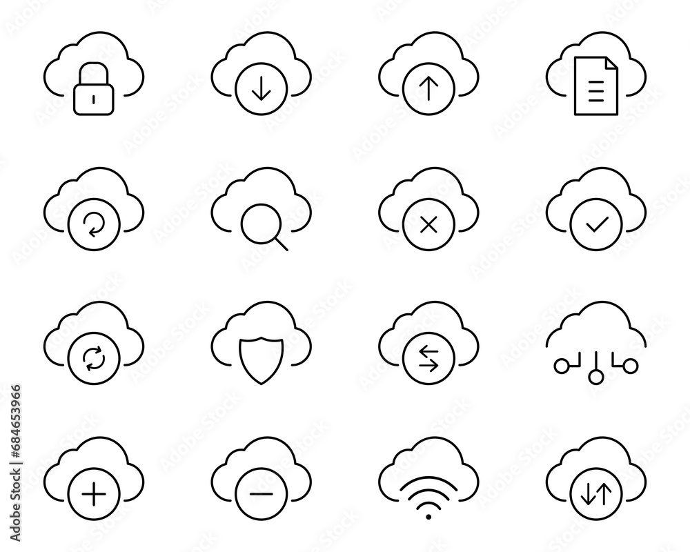 Poster Computing cloud technology line icon collection. Data storage and technology icons