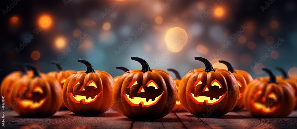 Poster abstract halloween party with defocused shiny background and happy pumpkins copy space image