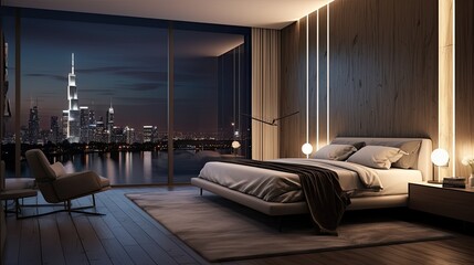 A modern and minimalist urban bedroom with cityscape views