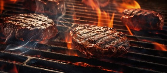Close up top view of sizzling BBQ beef burgers on charcoal grill with spatula copy space image