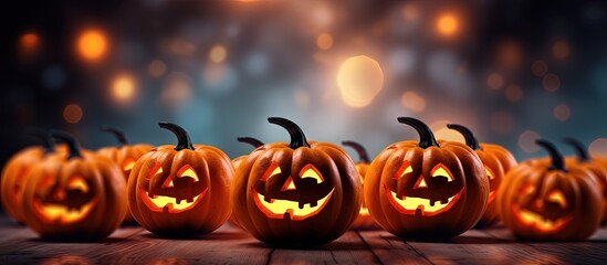 Abstract Halloween party with defocused shiny background and happy pumpkins copy space image