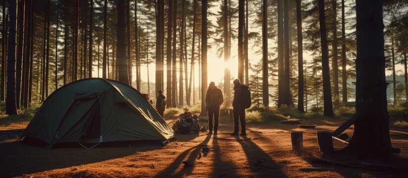 Black camping gear and tents in a pine forest with morning sunlight copy space image