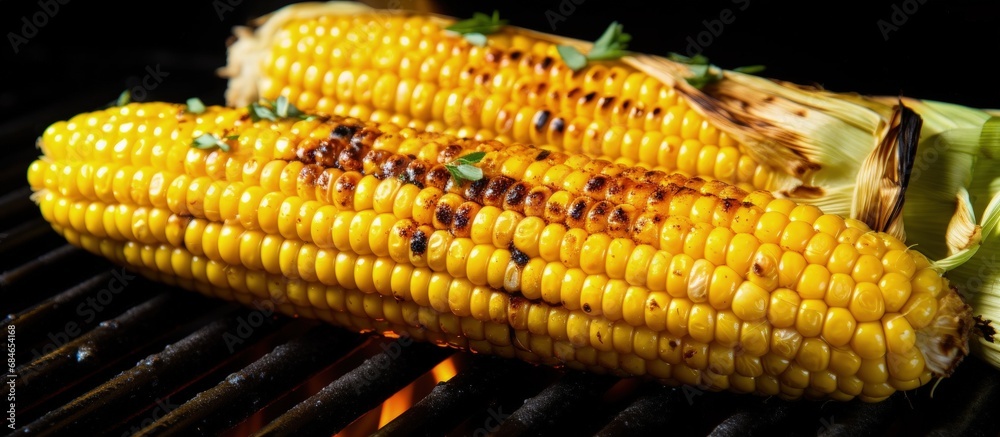Aufkleber close up of grilled corn on the cob with butter and salt on a grill plate copy space image