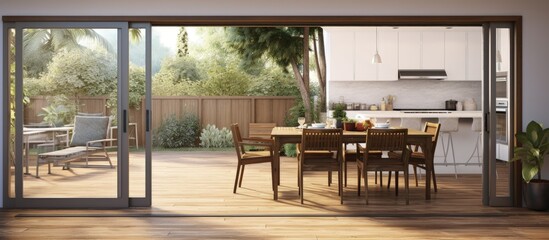 A wood floored dining room with sliding glass doors leading to a backyard patio featuring an outdoor kitchen copy space image - Powered by Adobe