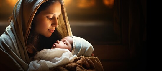 8 day old baby boy s mother reenacts Christmas nativity with herself as Virgin Mary and baby Jesus copy space image