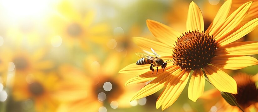 Close up picture of a bee collecting nectar and pollinating a young fall sunflower copy space image