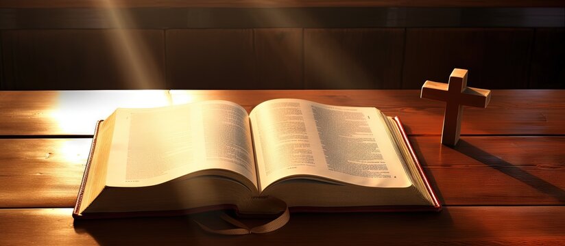Bible cross wooden table copy space image
