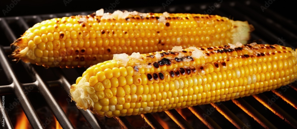 Aufkleber close up of grilled corn on the cob with butter and salt on a grill plate copy space image