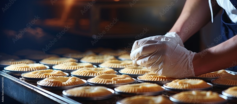 Aufkleber chef s hands fill a small pie raw baked goods rest on a metal baking sheet in a bakery pie and flour
