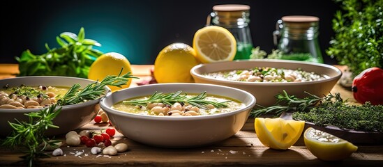 Bean soup with vegetables rosemary garnish and Parmesan copy space image