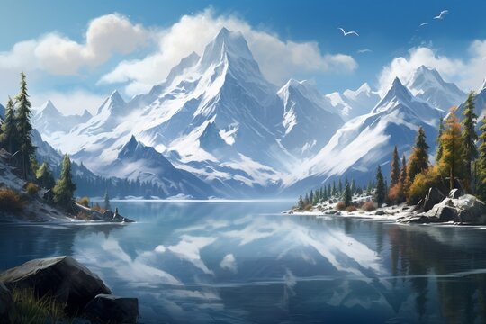 A serene lake surrounded by towering snow-capped mountains, reflecting the grandeur of the natural beauty.