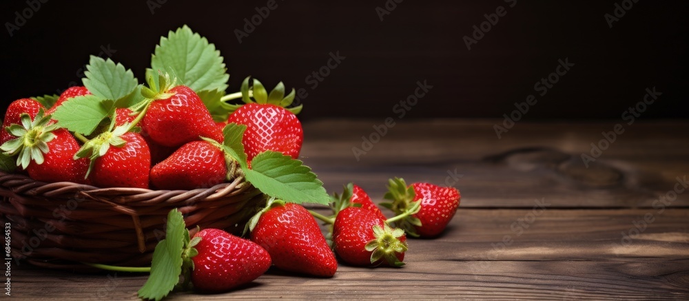 Poster closeup of strawberry basket on wooden table with twigs and leaves copy space image