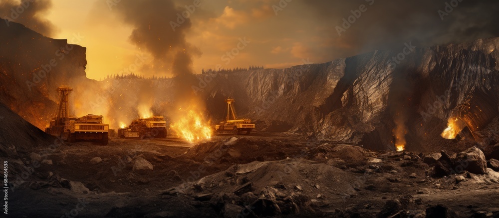 Poster Coal mining uses mining machinery to extract coal from the ground for industrial use in thermal power plants copy space image