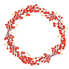 Ilustración de corona de naturaleza navideña, con espacio para texto con fondo blanco. Ramitas con frutos rojos y destellos de estrellas	
 - obrazy, fototapety, plakaty