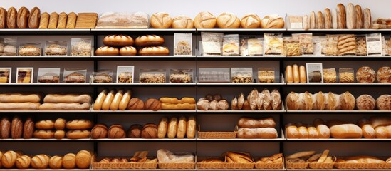 Bread shelves in supermarket require attention copy space image - obrazy, fototapety, plakaty