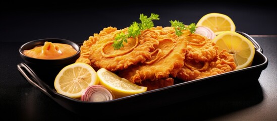 Close up presentation of classic deep fried schnitzel with lemon and onion on black tray copy space image