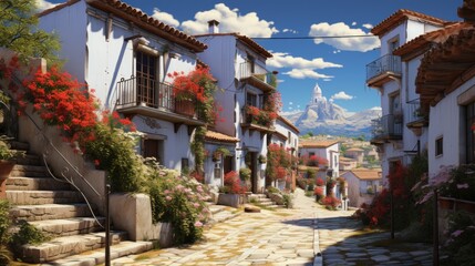 A painting of a cobblestone street in a town