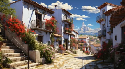 Tuinposter A painting of a cobblestone street in a town © Maria Starus