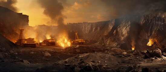 Coal mining uses mining machinery to extract coal from the ground for industrial use in thermal power plants copy space image