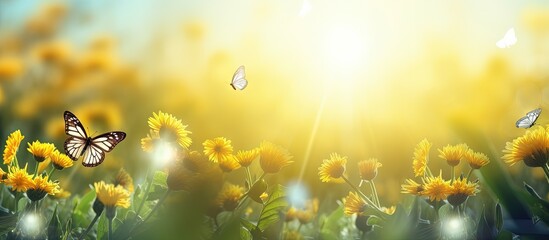 Obraz na płótnie Canvas Butterflies gracefully floating on yellow flowers amidst green nature open sky and shining sun copy space image
