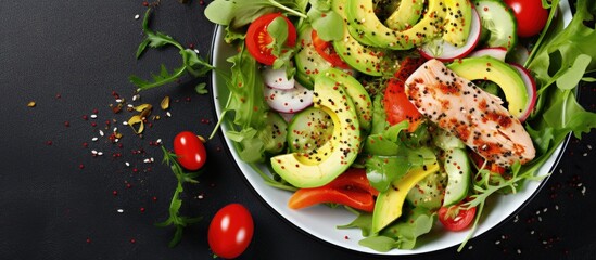 Chicken salad with fresh greens vegetables and sesame seeds viewed from above copy space image
