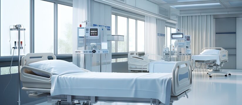 Blurred LCD monitor displays empty beds in deserted hospital s emergency room copy space image