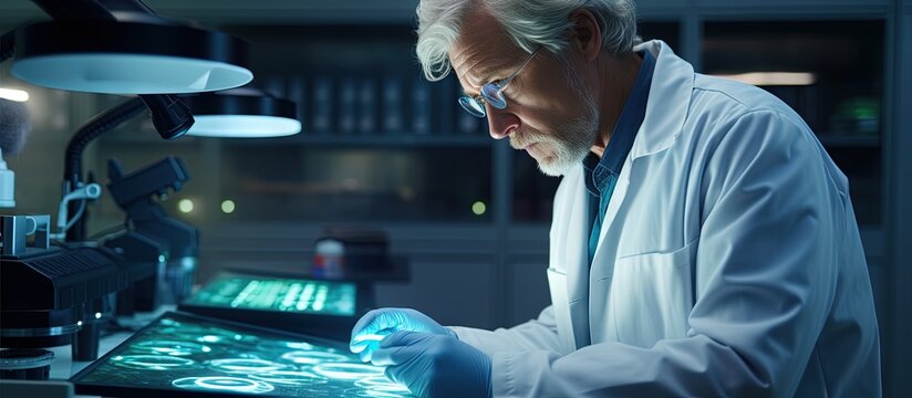 A middle aged man in a scientist s uniform is looking at an embryology image on a touchpad in a laboratory copy space image