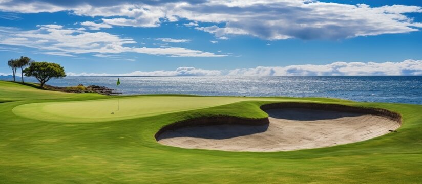 Coastal golf course featuring sand trap sea and sky copy space image
