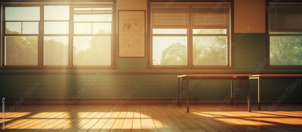 Poster afternoon sunlight casting shadows through classroom window copy space image
