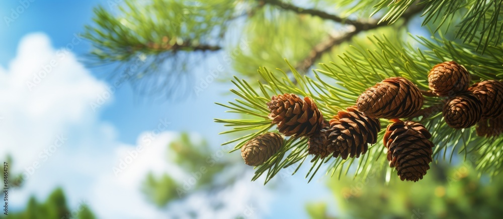 Aufkleber closeup of a white pine tree with pine cones in a natural forest setting located in a state park sur