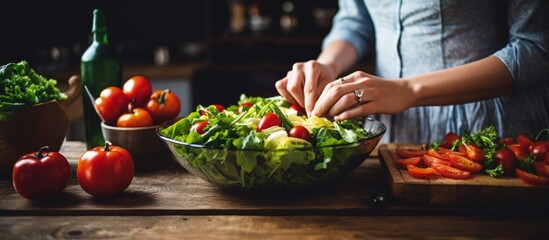 Anonymous housewife preparing fresh salad with colorful vegetables on kitchen table copy space image