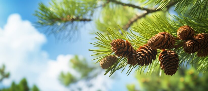 Closeup of a white pine tree with pine cones in a natural forest setting located in a state park surrounded by blue sky and woods copy space image